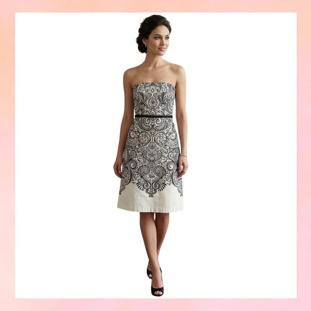 Ann Taylor Paisley Strapless Silk Blend Dress White Black Size 0